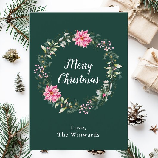 ピンクポインセチアリースメリークリスマス シーズンカード