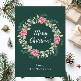 ピンクポインセチアリースメリークリスマス シーズンカード