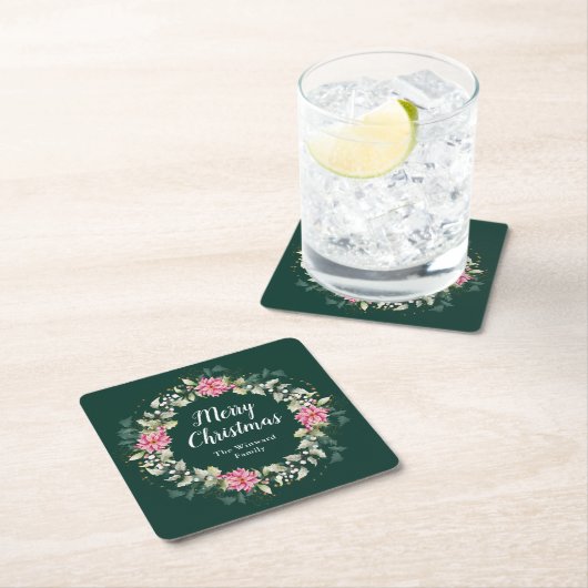 ピンクポインセチアリースメリークリスマス スクエアペーパーコースター (インサイチュ)