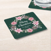 ピンクポインセチアリースメリークリスマス スクエアペーパーコースター (アングル)