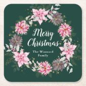 ピンクポインセチアリースメリークリスマス スクエアペーパーコースター (正面)
