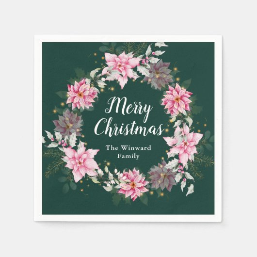 ピンクポインセチアリースメリークリスマス スタンダードカクテルナプキン (正面)