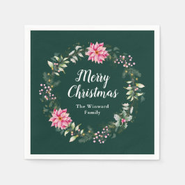 ピンクポインセチアリースメリークリスマス スタンダードカクテルナプキン