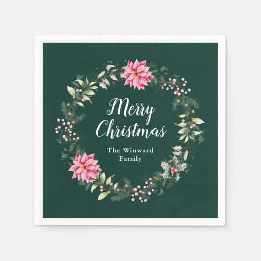 ピンクポインセチアリースメリークリスマス スタンダードカクテルナプキン (正面)