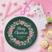 ピンクポインセチアリースメリークリスマス ペーパープレート (パーティー)