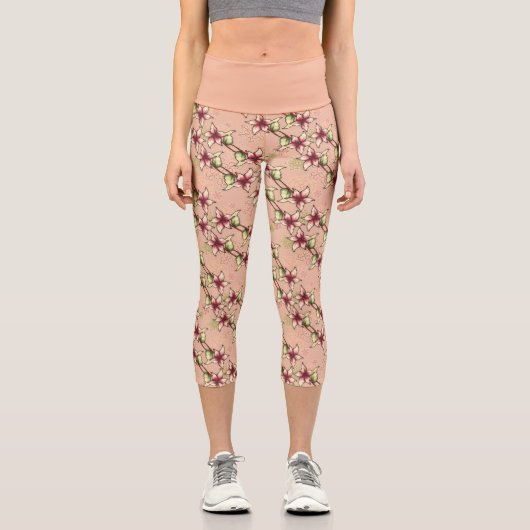 ピンクポインセチア対角ストライプのクリスマス カプリレギンス (正面)