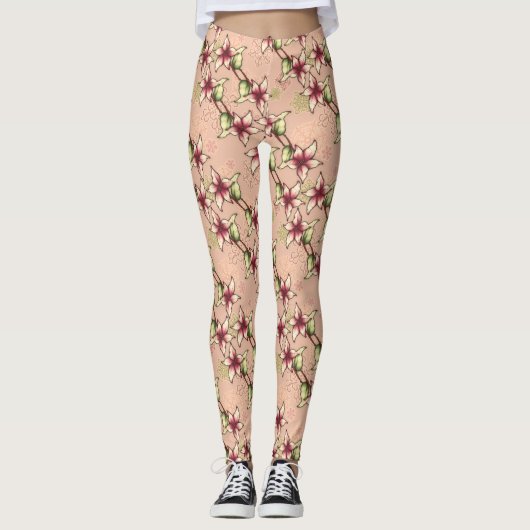 ピンクポインセチア対角ストライプのクリスマス レギンス (正面)