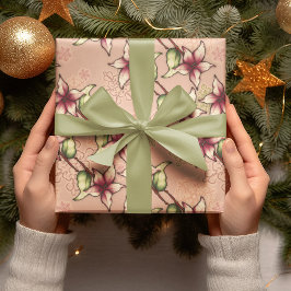 ピンクポインセチア対角ストライプクリスマス ラッピングペーパー