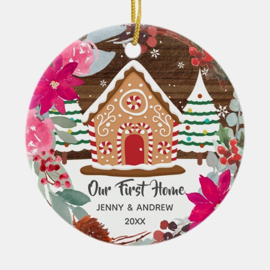 ピンクポインセチア私たちの新しいホームジンジャーブレッドオーナメント セラミックオーナメント (正面)