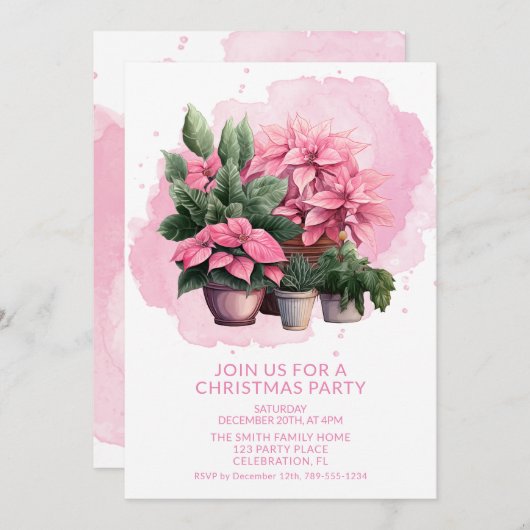 ピンクポインセティアクリスマスパーティの招待状 招待状 (正面/裏面)