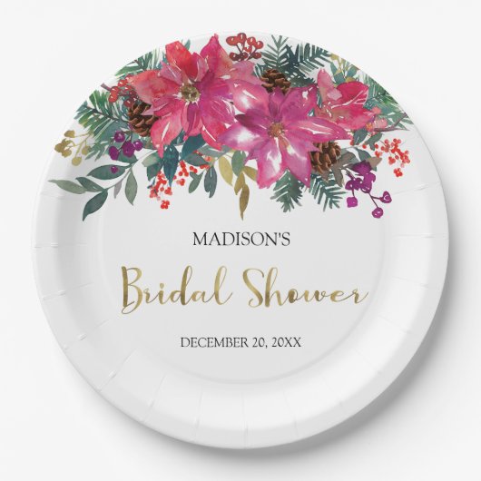 ピンクポインセティアクリスマスブライダルシャワー ペーパープレート (正面)