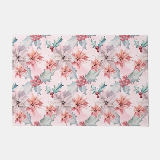 ピンクポインセティアスウィンターホリデーモダンフローラ ドアマット (正面)