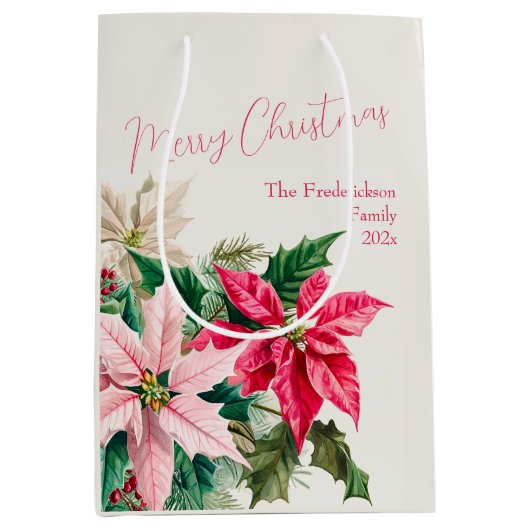 ピンクポインセティアスエレガントクリスマス ミディアムペーパーバッグ (正面)