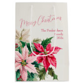 ピンクポインセティアスエレガントクリスマス ミディアムペーパーバッグ (裏面)