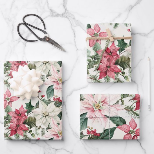 ピンクポインセティアスエレガントクリスマス ラッピングペーパーシート (正面)
