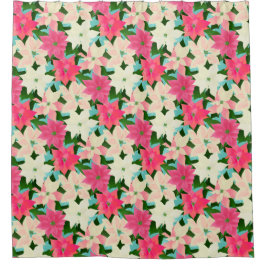 ピンクポインセティアスティール（緑がかった色）クリスマス シャワーカーテン