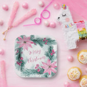 ピンクポインセティアスフローラクリスマス紙プレート ペーパープレート (パーティー)