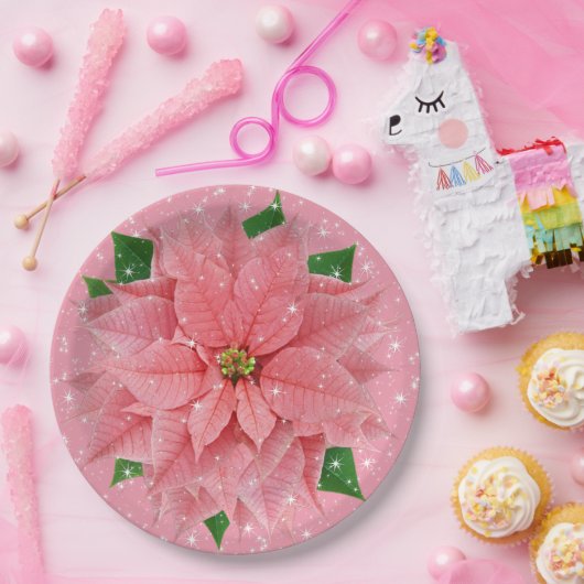 ピンクポインセティアホリデークリスマスパーティー ペーパープレート (パーティー)