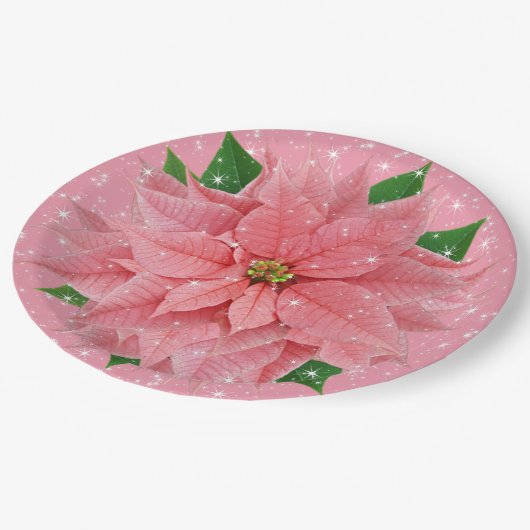 ピンクポインセティアホリデークリスマスパーティー ペーパープレート (アングル)