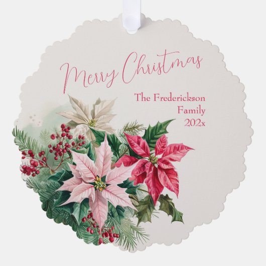 ピンクポインセテエレガントィアス紙オーナメントカード オーナメントカード (正面)