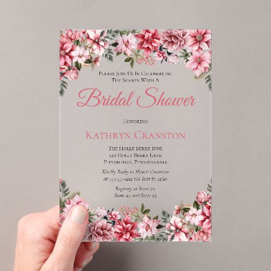 ピンクポエレガントインセッティアスフローラブライダルシャワー アクリル招待状 (インサイチュ (ポータブル))
