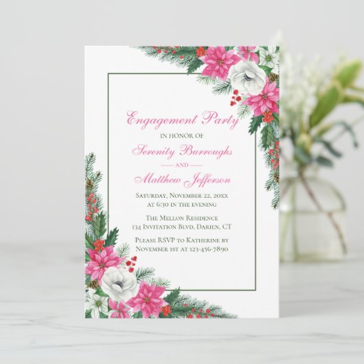 ピンクポエレガントインセティアクリスマス婚約パーティ 招待状 (スタンド正面)