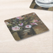 「ピンクポジス」フラワーブーケファインアート油絵 スクエアペーパーコースター (アングル)