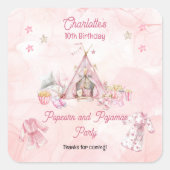 ピンクポップコーンとパジャマススランバーバースデーパーティー スクエアシール (正面)