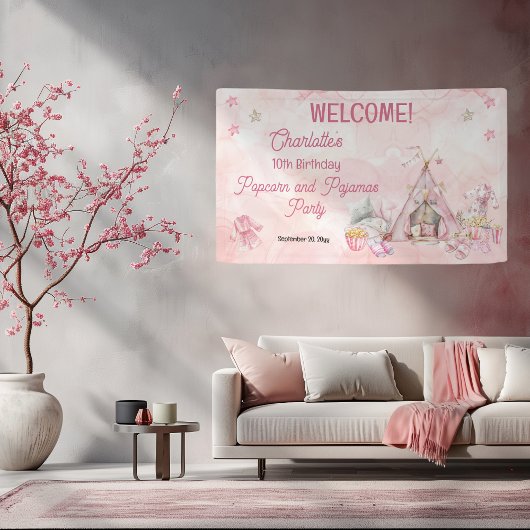 ピンクポップコーンとパジャマススランバーバースデーパーティー 横断幕