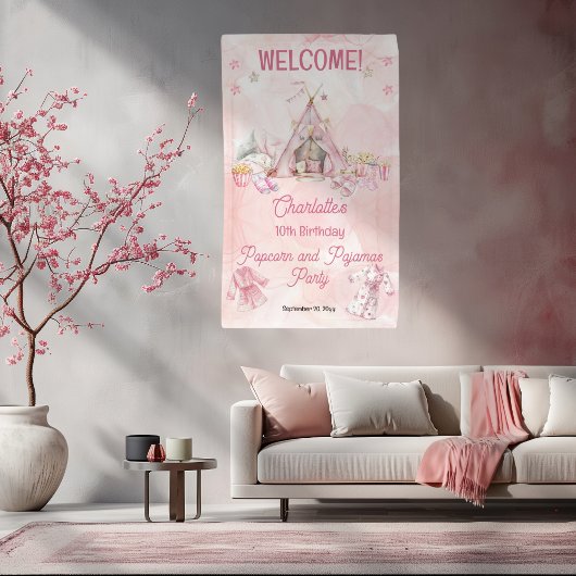 ピンクポップコーンとパジャマススランバーバースデーパーティー 横断幕