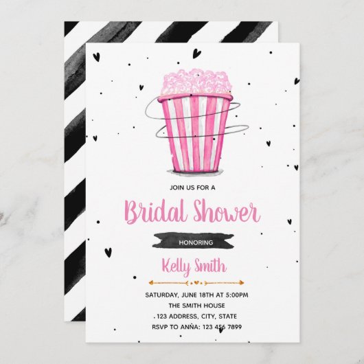 ピンクポップコーンブライダルシャワーの招待 招待状 (正面/裏面)