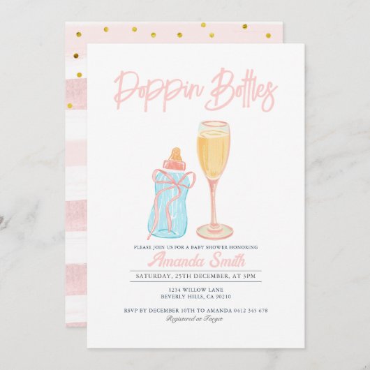 ピンクポップピンボトル招待状ガールベビーシャワー 招待状 (正面/裏面)