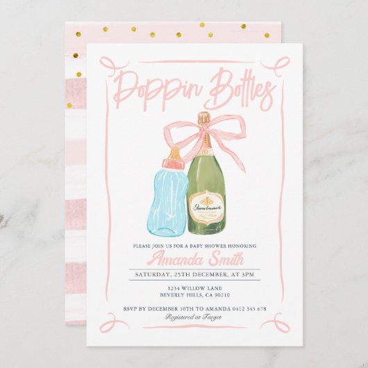 ピンクポップピンボトル招待状CoEdベビーシャワー 招待状 (正面/裏面)