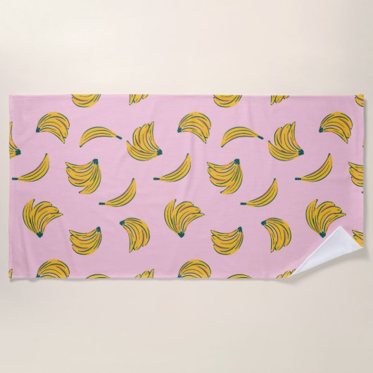 ピンクポップ・アートのの背景に黄色のアートバナナパターン ビーチタオル (正面)