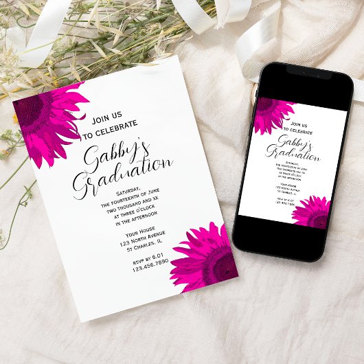 ピンクポップ・アートのアートフラワー卒業パーティー招待状 招待状
