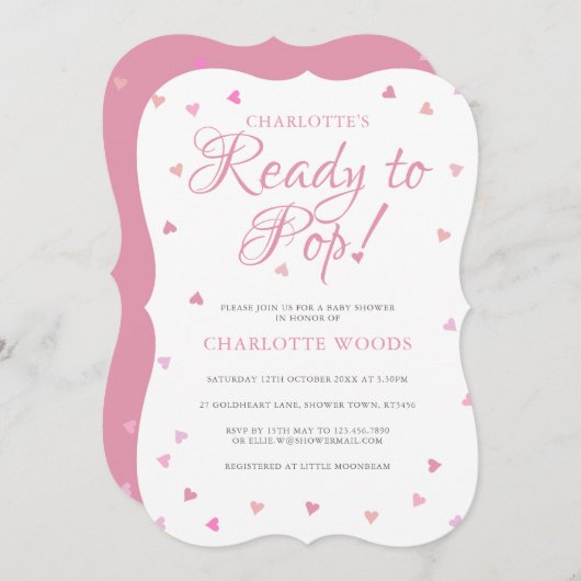 ピンクポップ・アートのハートベビーシャワー/散水 招待状 (正面/裏面)