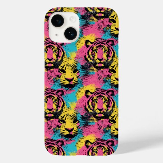 ピンクポップ・アートの、イエロー、ブルーのタイガーアートパターン Case-Mate iPhoneケース (裏面)
