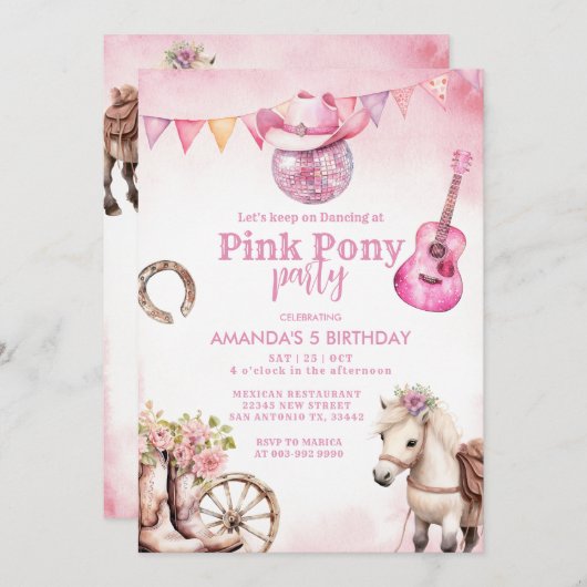 ピンクポニーパーティーカントリーウエスタンガール誕生日 招待状 (正面/裏面)