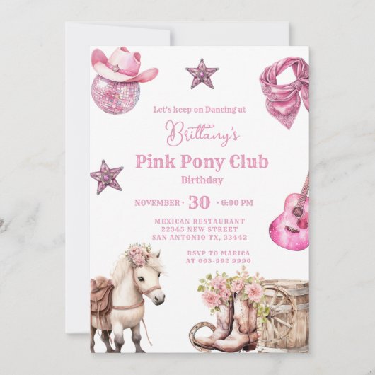 ピンクポニーパーティー女性のカーボーイお祝い誕生日 招待状 (正面)