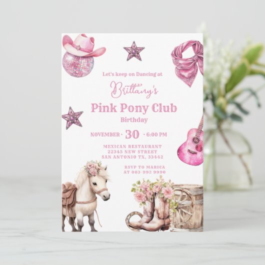 ピンクポニーパーティー女性のカーボーイお祝い誕生日 招待状 (スタンド正面)