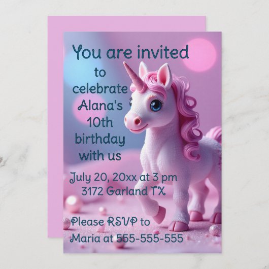 ピンクポニーユニコーン誕生日パーティーへの招待 招待状 (正面/裏面)