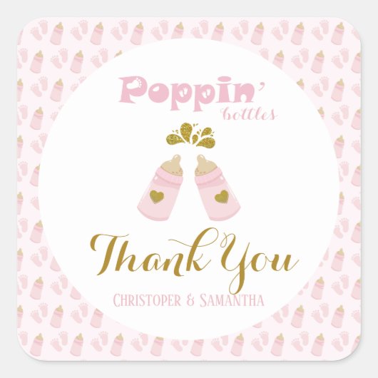 ピンクポピンボトルガールベビーシャワー スクエアシール (正面)