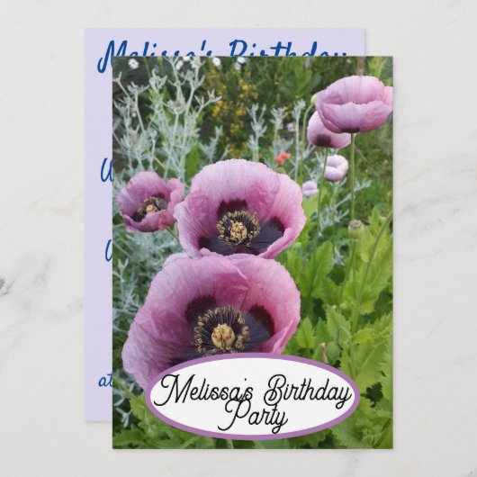 ピンクポピーのケシの花のフローラかわいらし女の子 招待状 (正面/裏面)
