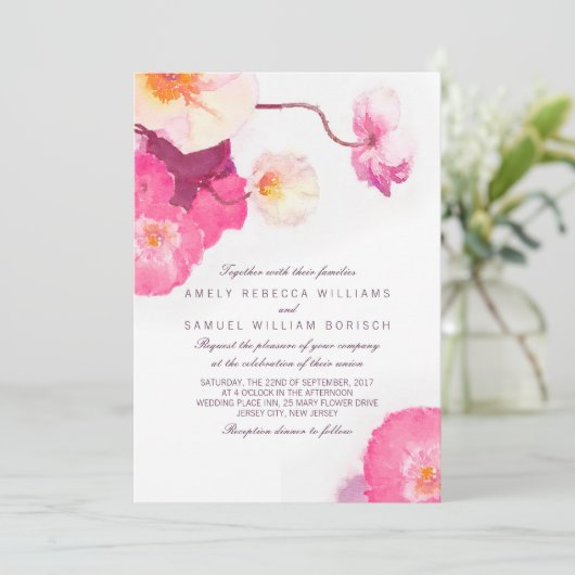 ピンクポピーズウォーターカラー結婚式招待状 招待状 (スタンド正面)