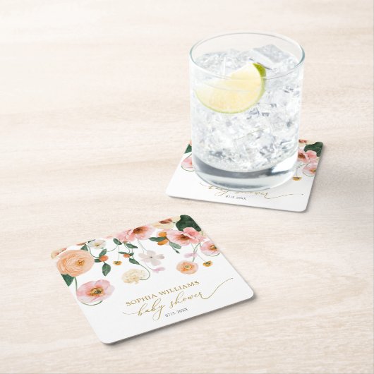 ピンクポピーフローラベビーシャワースクエア紙コースター スクエアペーパーコースター (インサイチュ)