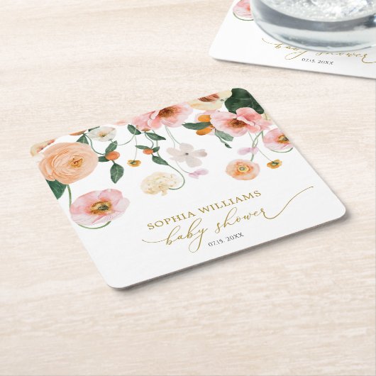 ピンクポピーフローラベビーシャワースクエア紙コースター スクエアペーパーコースター (アングル)