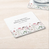 ピンクポピーメドウブライダルシャワー スクエアペーパーコースター (アングル)