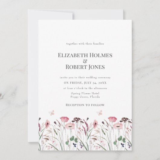 ピンクポピーワイルドフラワーメドウ結婚式招待状 招待状 (正面)