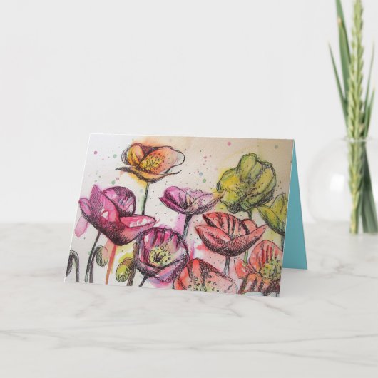 ピンクポピー水彩及びインク誕生日カード カード (正面)