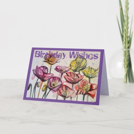 ピンクポピー水彩及びインク誕生日カード カード (正面)